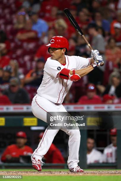 Shogo Akiyama of the Cincinnati Reds bats in the seventh inning against the Detroit Tigers at Great American Ball Park on September 03, 2021 in...