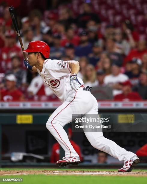 Shogo Akiyama of the Cincinnati Reds grounds out in the seventh inning against the Detroit Tigers at Great American Ball Park on September 03, 2021...