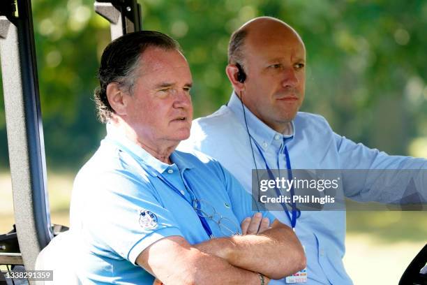 Tournament Director Simon Higginbottom of Legends Tour with guest Pascal Vincent during the final round of the Legends Open de France hosted byJean...