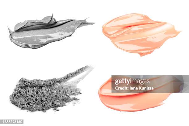 set of cosmetic smears for skin care and makeup. clay black bubble mask and face cream. collection of beauty products. - black room stockfoto's en -beelden
