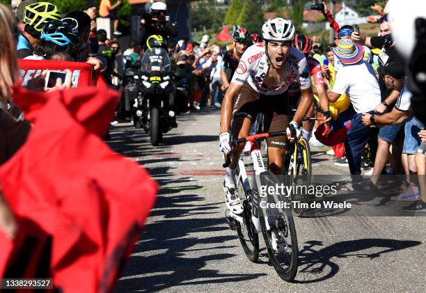 Clément Champoussin of France and AG2R Citröen Team attacks in the breakaway while fans cheer during the 76th Tour of Spain 2021, Stage 20 a 202,2km...