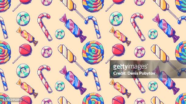 stockillustraties, clipart, cartoons en iconen met drawn seamless pattern - sweets and lollipops. - bonbons
