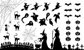 Set of elements for Halloween. Collection of black silhouettes.