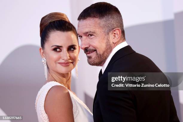 Penelope Cruz and Antonio Banderas attend the red carpet of the movie "Competencia Oficial" during the 78th Venice International Film Festival on...