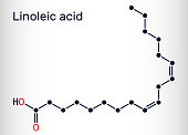 Linoleic acid, LA molecule. Omega-6, polyunsaturated fatty acid. Skeletal chemical formula