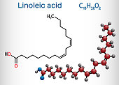 Linoleic acid, LA molecule. Omega-6, polyunsaturated fatty acid. Structural chemical formula and molecule model