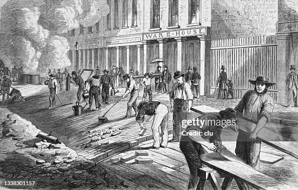 workers laying the plaster in st. louis, usa - 1868 stock illustrations