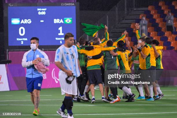 Players and staff of Team Brazil celebrate after winning football 5-a-side gold Medal Match against Argentina on day 11 of the Tokyo 2020 Paralympic...