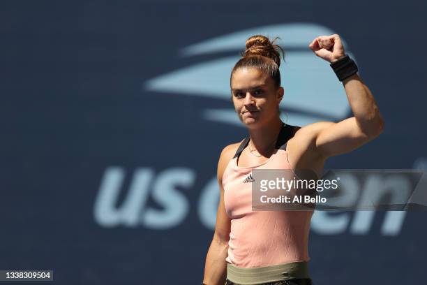 Maria Sakkari of Greece celebrates match point against Petra Kvitova of Czech Republic during her Women's Singles third round match on Day Six of the...