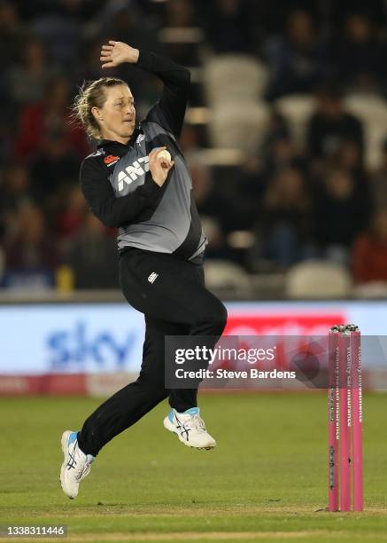 Sophie Devine of New Zealand bowls during the International T20 match between England and New Zealand at the The 1st Central County Ground on...