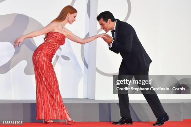 Jessica Chastain and Oscar Isaac attend the red carpet of the movie "Scenes From a Marriage " during the 78th Venice International Film Festival on...