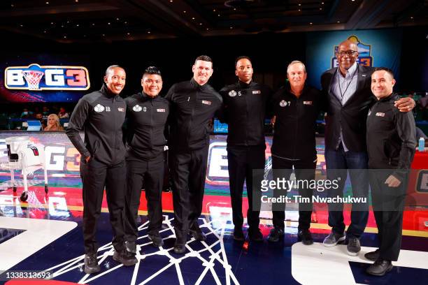 Officials pose for a photo with BIG3 commissioner Clyde Drexler during the BIG3 - Championship at Atlantis Paradise Island on September 04, 2021 in...