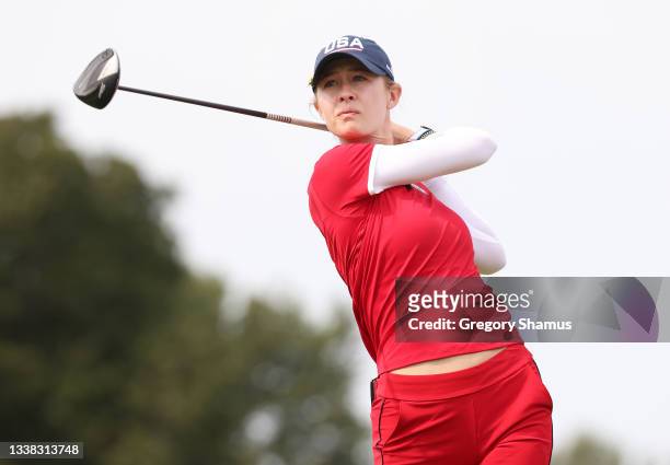 Nelly Korda of Team USA plays her shot from the 11th tee during the Foursomes Match on day one of the Solheim Cup at the Inverness Club on September...