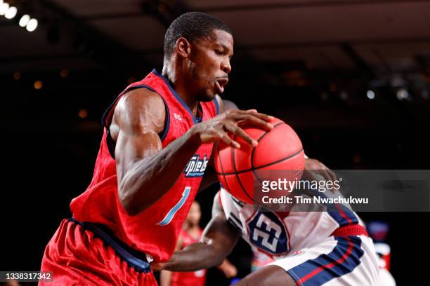 Joe Johnson of the Triplets dribbles the ball while being guarded by Jason Richardson of Tri-State during the BIG3 - Championship at Atlantis...