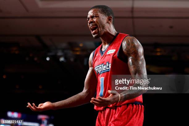 Joe Johnson of the Triplets reacts to a call during the game against Tri-State during the BIG3 - Championship at Atlantis Paradise Island on...