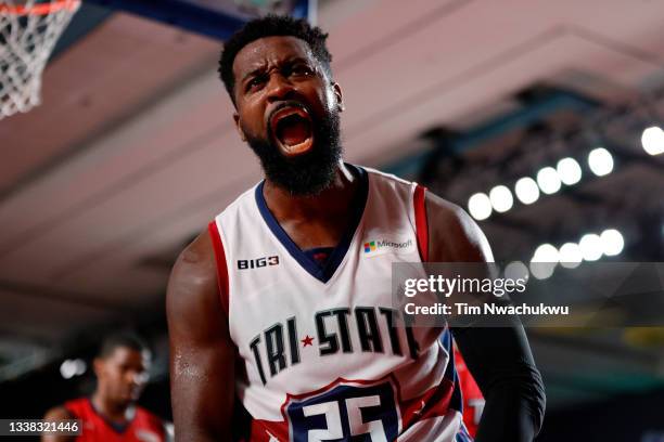 Justin Dentmon of Tri-State reacts during the game against the Triplets during the BIG3 - Championship at Atlantis Paradise Island on September 04,...