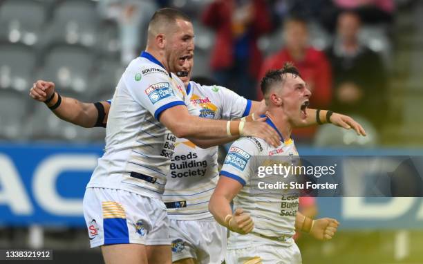 Rhinos player Jack Broadbent celebrates his try during the Betfred Super League match between Leeds Rhinos and Hull FC at St James' Park on September...