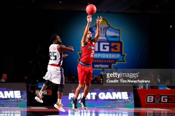 Jannero Pargo of the Triplets attempts a shot while being guarded by Justin Dentmon of Tri-State during the BIG3 - Championship at Atlantis Paradise...