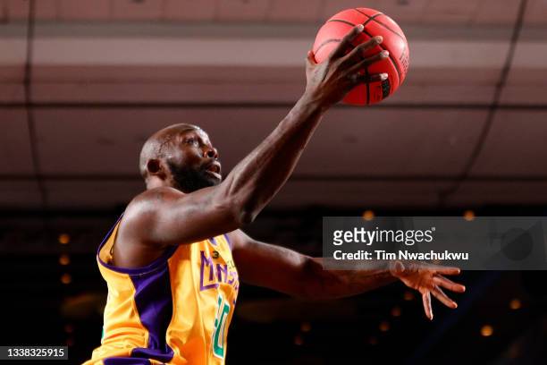 Reggie Evans of the 3 Headed Monsters attempts a layup during the game against the Trilogy during the BIG3 - Championship at Atlantis Paradise Island...