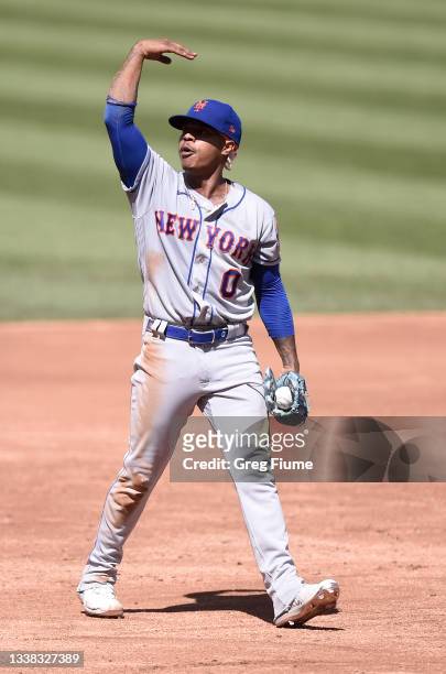 Marcus Stroman of the New York Mets celebrates in the third inning against the Washington Nationals at Nationals Park on September 04, 2021 in...