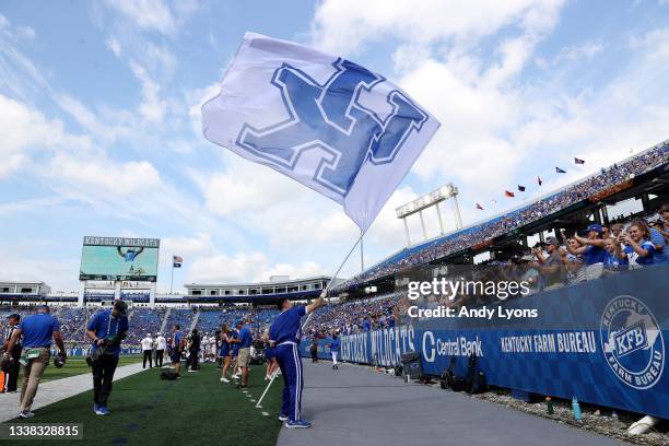 Kentucky Wildcats cheerleaders perform during the game against the ULM War Hawks at Kroger Field on September 04, 2021 in Lexington, Kentucky.