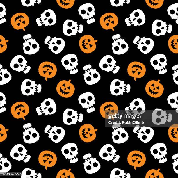bildbanksillustrationer, clip art samt tecknat material och ikoner med scary skulls and pumpkins seamless pattern - scary pumpkin faces
