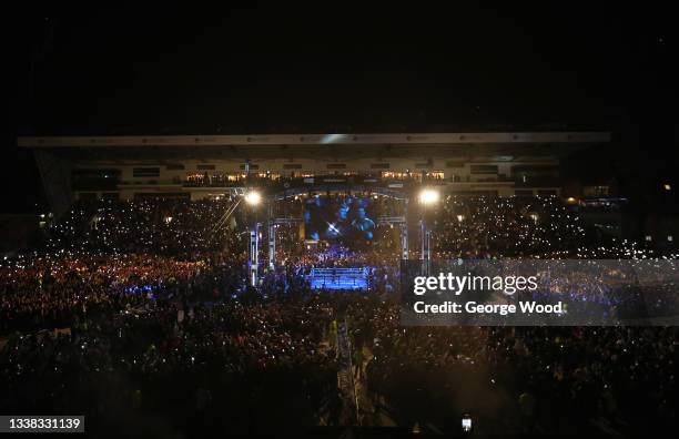 General view inside the venue during the Featherweight fight between Mauricio Lara and Josh Warrington at Emerald Headingley Stadium on September 04,...