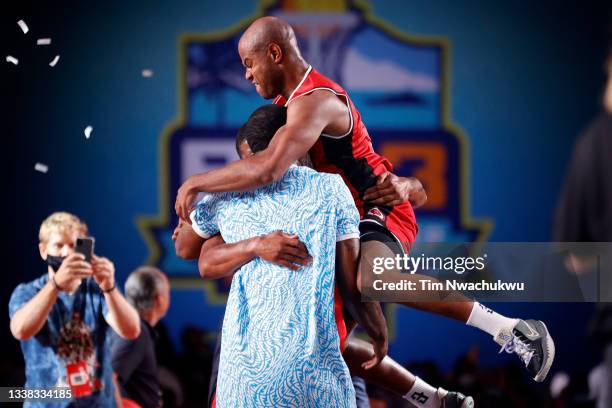 The Trilogy celebrate after beating the 3 Headed Monsters 50-45 to win the BIG3 - Championship at Atlantis Paradise Island on September 04, 2021 in...