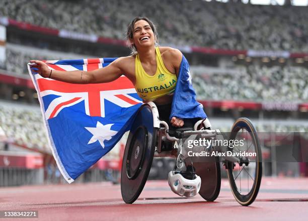 Madison de Rozario fo Team Australia reacts after winning the gold medal in the women's Marathon - T54 on day 12 of the Tokyo 2020 Paralympic Games...