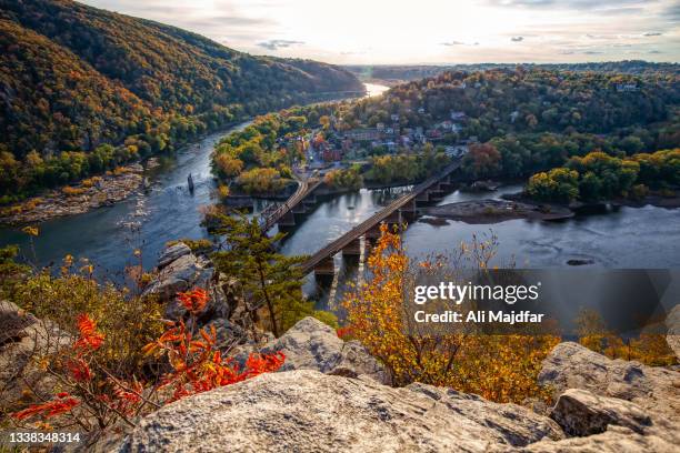 sunset at harpers ferry view from maryland heights - appalachian trail stock pictures, royalty-free photos & images