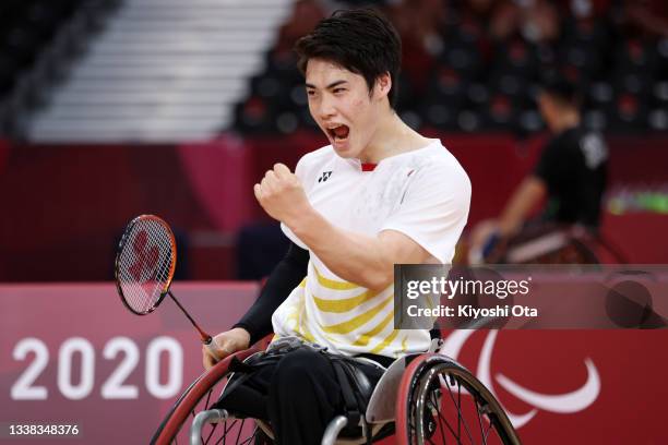 Daiki Kajiwara of Team Japan celebrates a point during the Badminton Men's Singles WH2 Gold Medal Match against Kim Jung Jun of Team South Korea on...