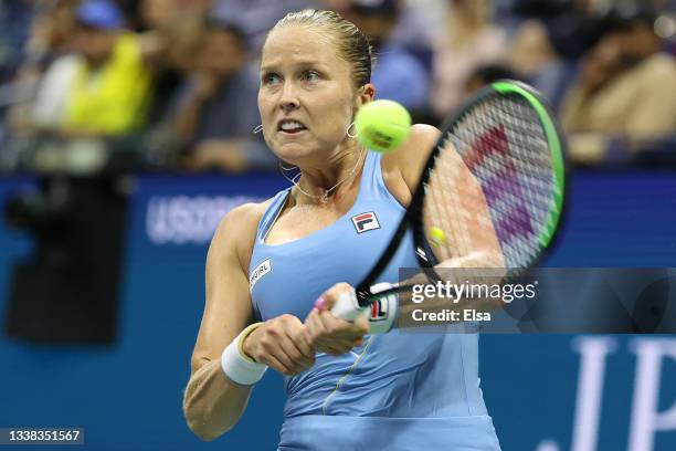 Shelby Rogers of the United States returns against Ashleigh Barty of Australia during her Women’s Singles third round match on Day Six of the 2021 US...