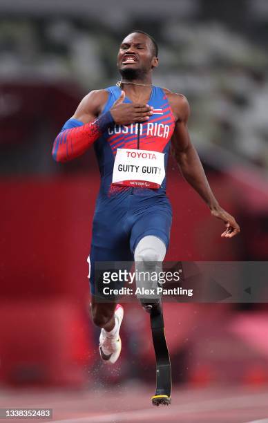 Sherman Isidro Guity Guity of Team Costa Rica reacts after winning the gold medal and breaking the paralympic record after competing in the Men's...