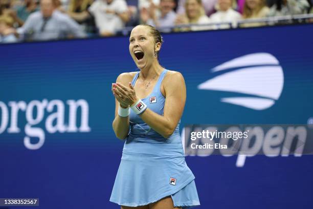 Shelby Rogers of the United States celebrates a match win against Ashleigh Barty of Australia during her Women’s Singles third round match on Day Six...