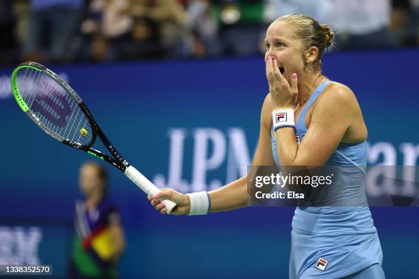 Shelby Rogers of the United States celebrates a match win against Ashleigh Barty of Australia during her Women’s Singles third round match on Day Six...