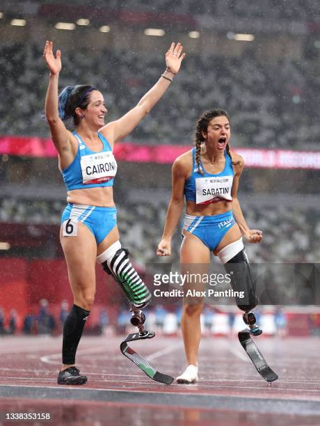 Gold medalist Ambra Sabatini of Team Italy and silver medalist Martina Caironi of Team Italy celebrate after competing in the Women's 100m - T63...