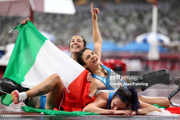 Bronze medalist Monica Graziana Contrafatto of Team Italy, gold medalist Ambra Sabatini of Team Italy and silver medalist Martina Caironi of Team...