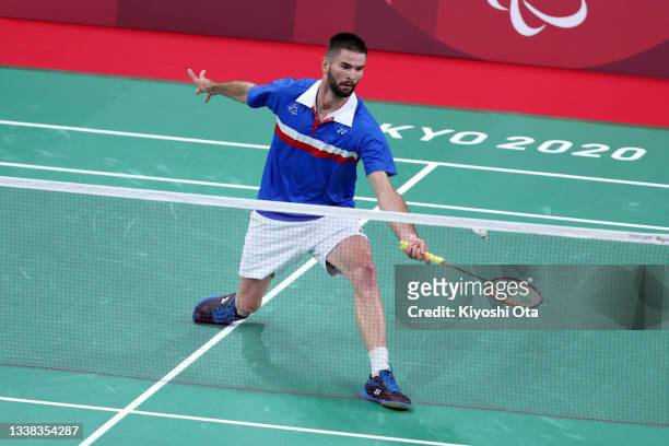 Lucas Mazur of Team France competes against Suhas Yathiraj of Team India in the Badminton Men's Singles SL4 Gold Medal Match on day 12 of the Tokyo...