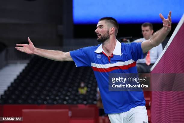 Lucas Mazur of Team France celebrate winning the Badminton Men's Singles SL4 Gold Medal Match against Suhas Yathiraj of Team India on day 12 of the...