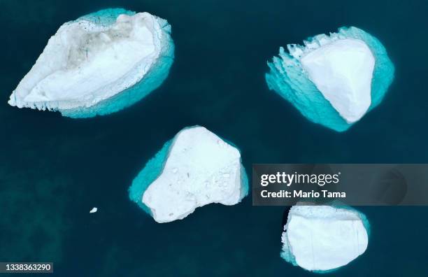 In an aerial view, icebergs which calved from the Sermeq Kujalleq glacier float in the Ilulissat Icefjord on September 04, 2021 in Ilulissat,...