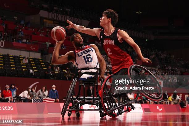 Renshi Chokai of Team Japan defends Trevon Jenifer of Team United States in the first half during the men's Wheelchair Basketball gold medal game on...