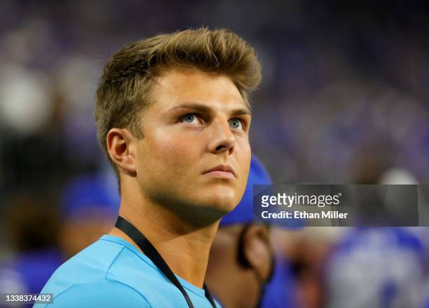 New York Jets quarterback Zach Wilson, a former Brigham Young Cougars player, stands on the BYU sideline during the Good Sam Vegas Kickoff Classic...