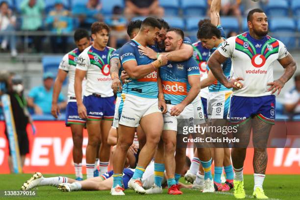 David Fifita of the Titans celebrates a try during the round 25 NRL match between the Gold Coast Titans and the New Zealand Warriors at Cbus Super...