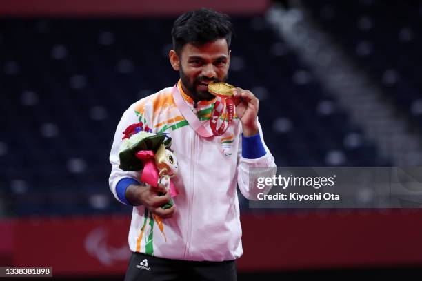 Gold medalist Krishna Nagar of Team India poses on the podium at the medal ceremony for the Badminton Men's Singles SH6 on day 12 of the Tokyo 2020...