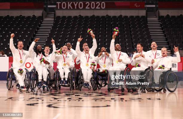 Gold medalists Team United States celebrate during the men’s Wheelchair Basketball medal ceremony on day 12 of the Tokyo 2020 Paralympic Games at...