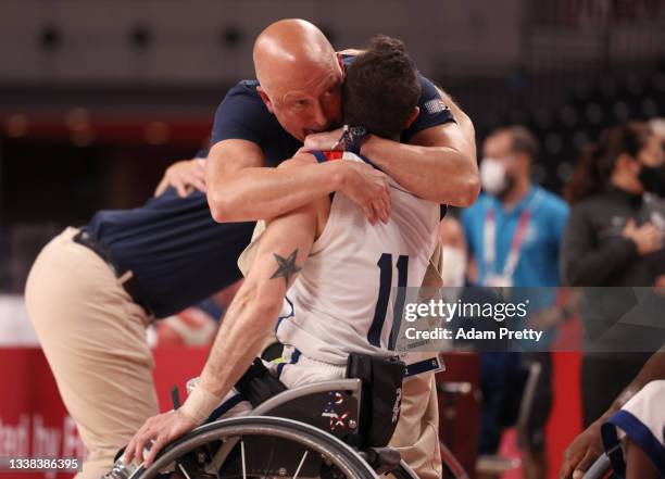 Head coach Ron Lykins of Team United States celebrates with Steve Serio after defeating Team Japan on day 12 of the Tokyo 2020 Paralympic Games at...