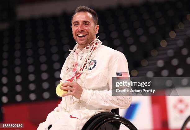 Steve Serio of Team United States celebrates after defeating Team Japan during the men's Wheelchair Basketball gold medal game on day 12 of the Tokyo...