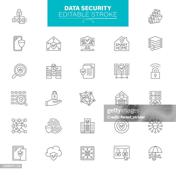 data security icons, editable stroke. contains such icons as network security, computer crime, firewall, wireless technology - ransomware stock illustrations