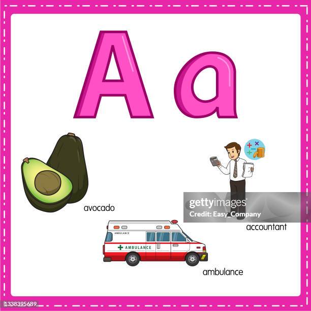 vector illustration for learning the letter a in both lowercase and uppercase for children with 3 cartoon images. avocado ambulance accountant. - speeding ambulance stock illustrations