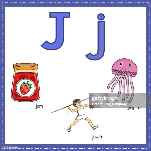 vector illustration for learning the letter i in both lowercase and uppercase for children with 3 cartoon images. jam javelin jelly fish . - student athlete stock illustrations